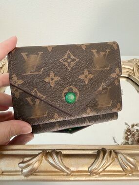 Brown Monogram Style Trifold Wallet • Green Interior